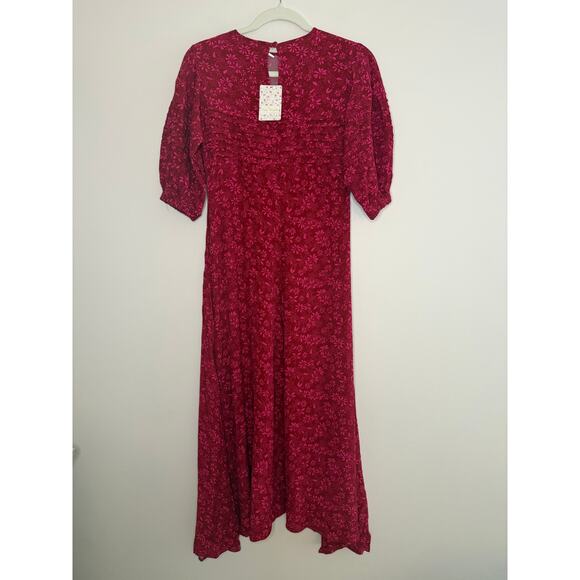 NWT Free People Jessie Red Floral Puff Sleeve Cottagecore Prairie Midi Dress 0 - Picture 2 of 8